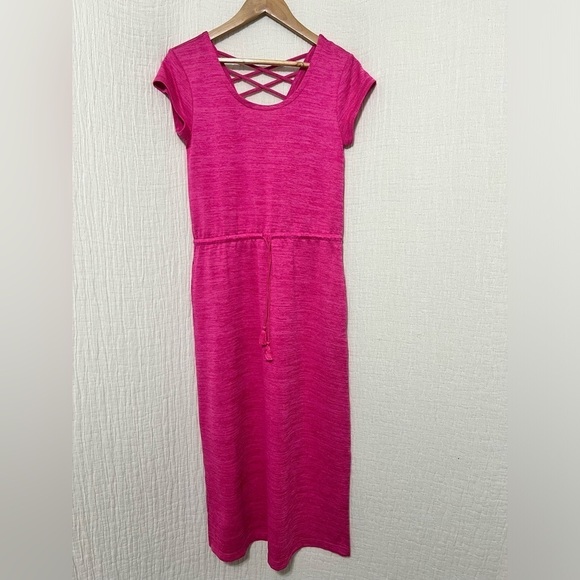 T by Talbots Maxi Dress Jersey Knit Hot Pink Tassel-Tie Women' Size Small Petite - Picture 2 of 8